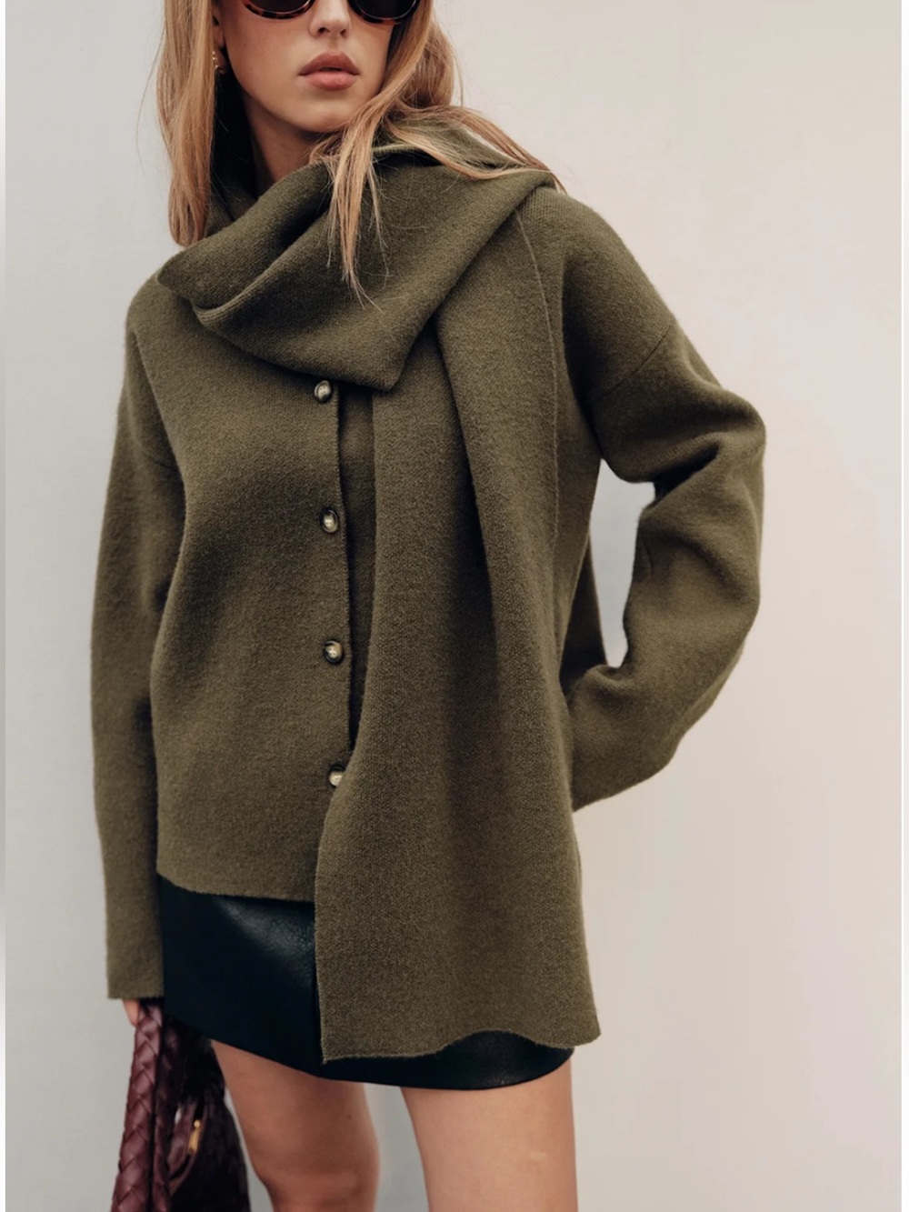 Commense Olive Green Button-Front Cardigan Scarf Sweater - Women - Picture 8 of 8